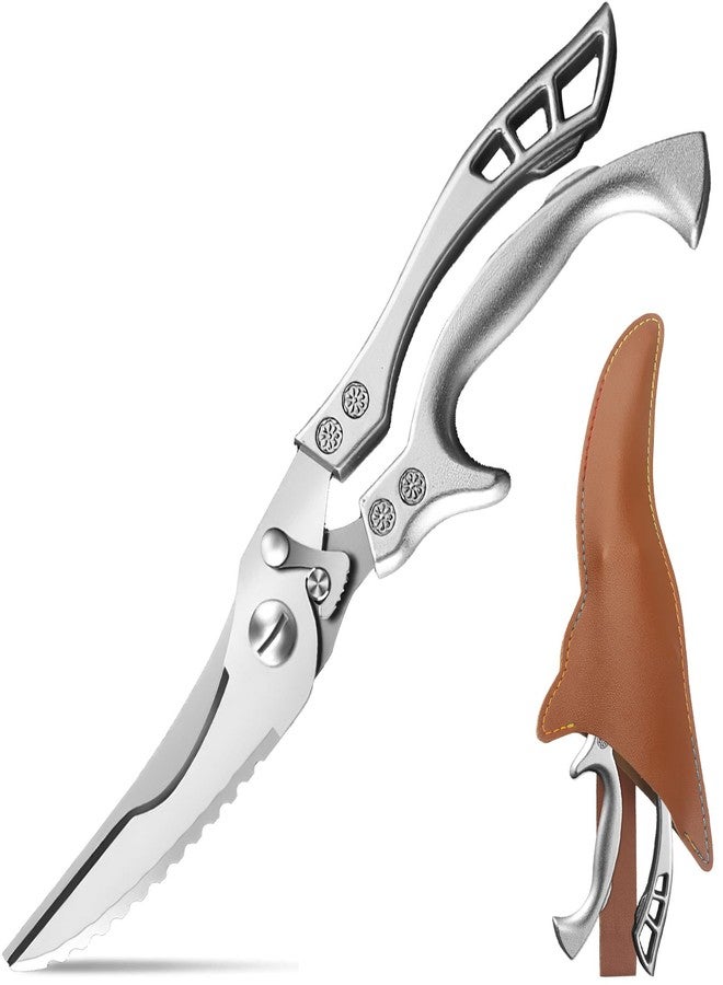 Zicolu Poultry Shears Heavy Duty Professional, Multipurpose Kitchen Shears with Sheath, Spring-Loaded Stainless Steel Chef Scissors Cutting Bone, Chicken, Fish, Food, Meat, Full Steel Handle Silver - Image 1